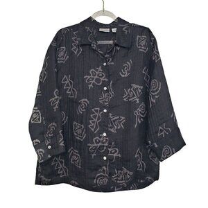 Chicos 0 Linen Silk Shirt Artsy Oversized Black Button Front Womens Size XS